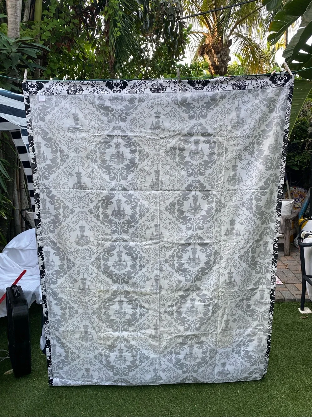 Black White Chandelier Damask Cotton Curtain Panels - Pair of 2